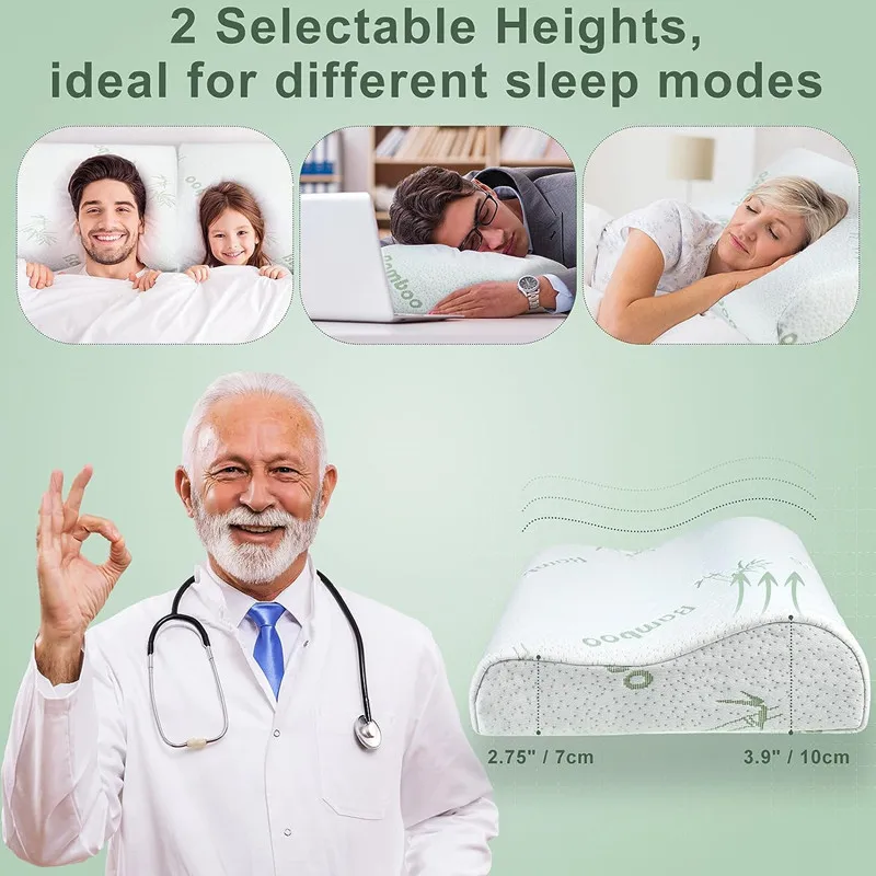 Almohada de bambú, almohada de espuma viscoelástica con funda extraíble con cremallera, almohada de bambú para el cuello para dormir, diseño ergonómico JAF022