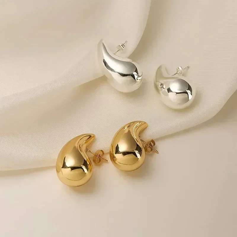 Pendientes de gota de agua de cúpula gruesa chapados en oro de 18 quilates de Plata de Ley 925 para mujer, pendientes de aro de lágrima gruesos brillantes Vintage, joyería