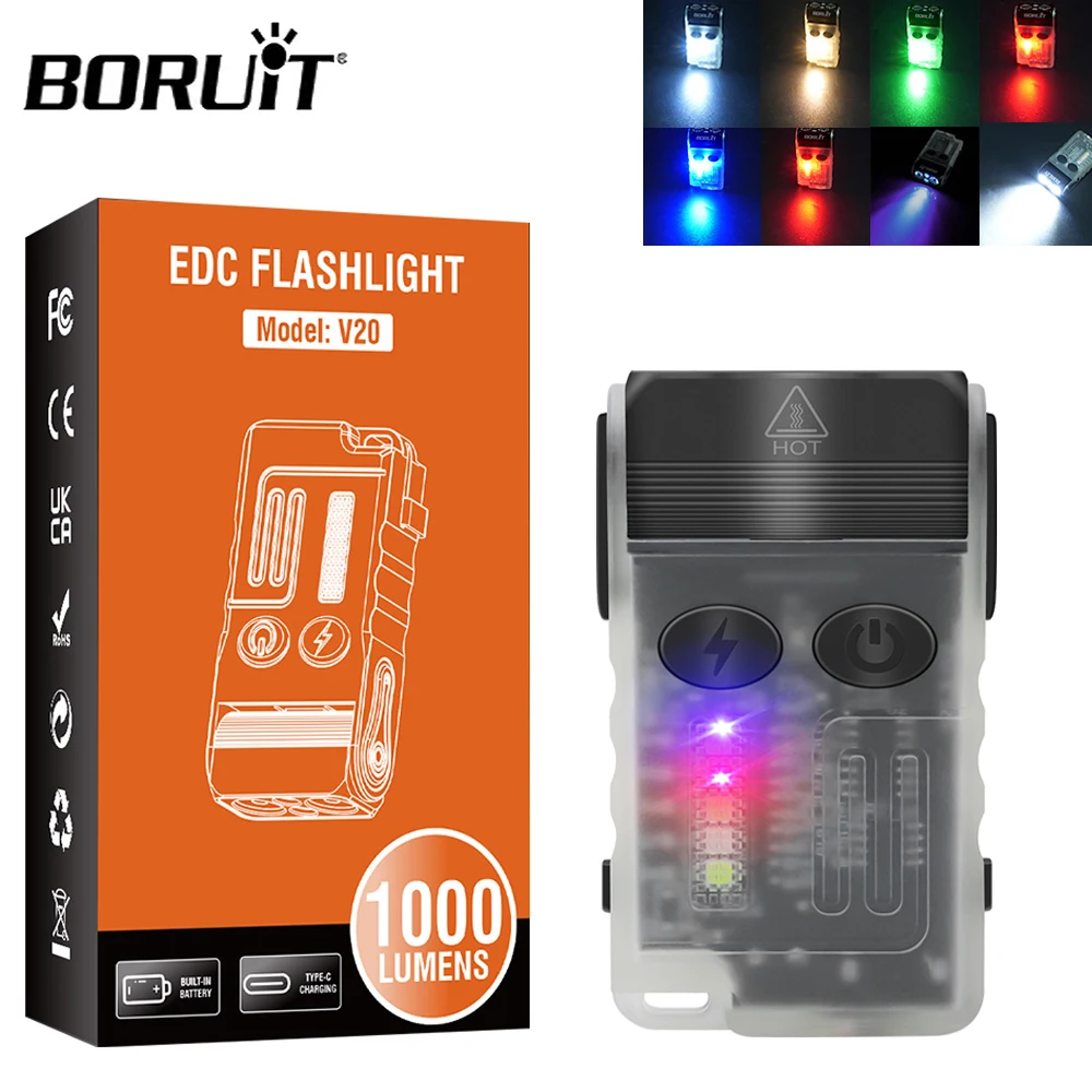 Llavero con linterna LED BORUiT V20 180 ° Clip de pitido magnético UV de rotación USB-C recargable Camping pesca antorcha alarma emergencia