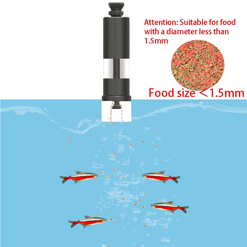 Alimentador de peces manual de aleación de aluminio con presión de dedo, alimentador DIY para peces, mini alimentador de peces de pequeña dosificación, alimentador cuantitativo