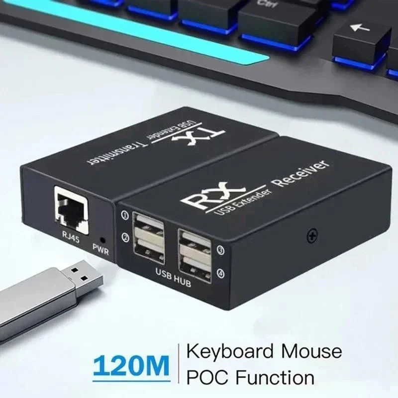 Extensor USB de 4 puertos, Cable RJ45 Ethernet CAT6, transmisor y receptor, Kit para ratón, teclado, escáner de impresora, 120M