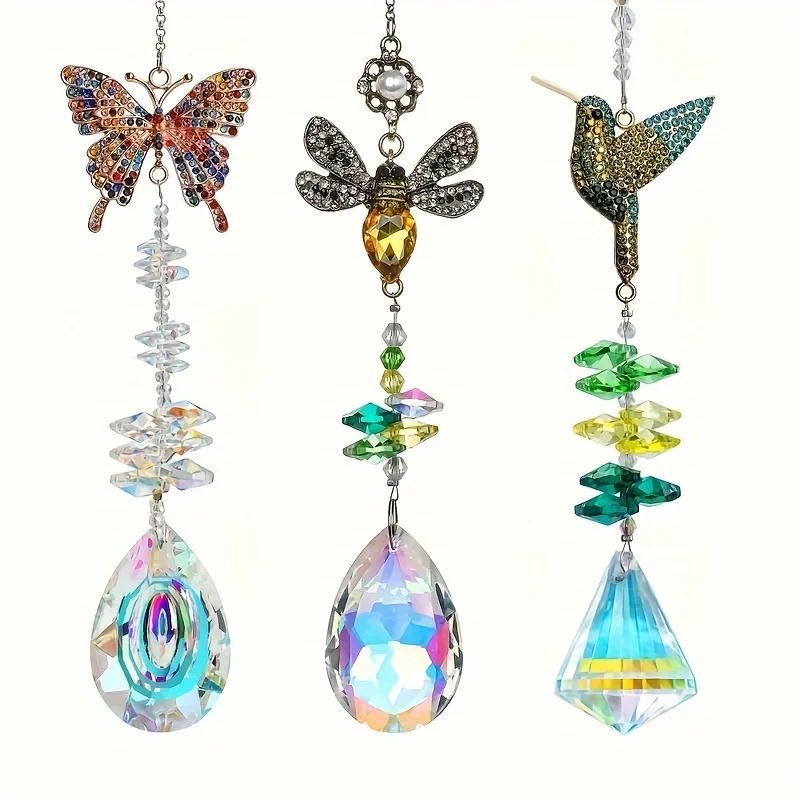 1/3 piezas de atrapasoles de cristal con pedrería de colores en forma de mariposa, abeja y colibrí, impresionantes adornos colgantes para ventanas de casa y jardín.