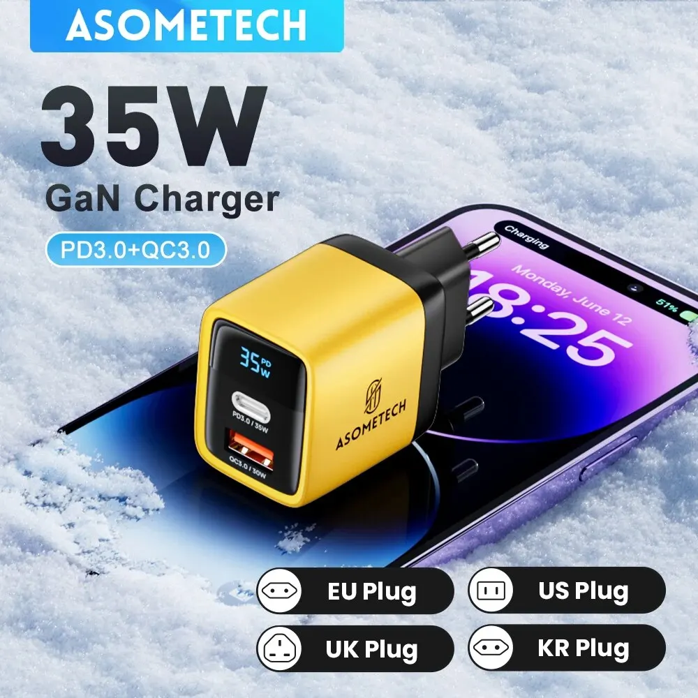 Cargador ASOMETECH 35W GaN pantalla LED QC3.0 30W 25W PD PPS carga rápida USB tipo C cargador para iPhone 14 Pro Samsung S23 Xiaomi