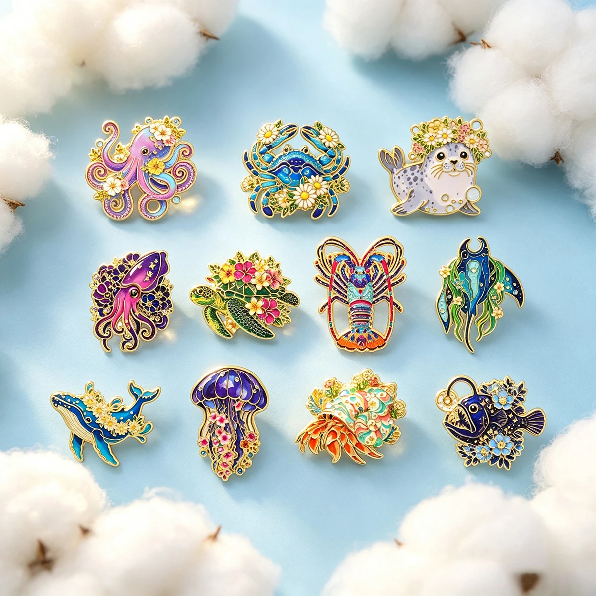 Juego de 11 broches de esmalte con diseño floral y de animales marinos, bonitos broches de ballena, pulpo y tortuga, insignias para mochila y solapa, accesorios de joyería, regalos