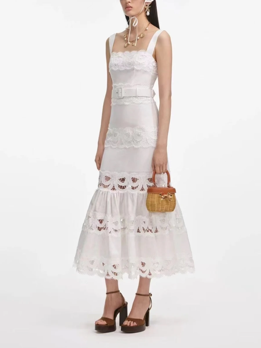VGH sólido elegante empalmado vestido calado para mujer cuello cuadrado sin mangas Patchwork fajas cintura alta vestidos ceñidos Mujer
