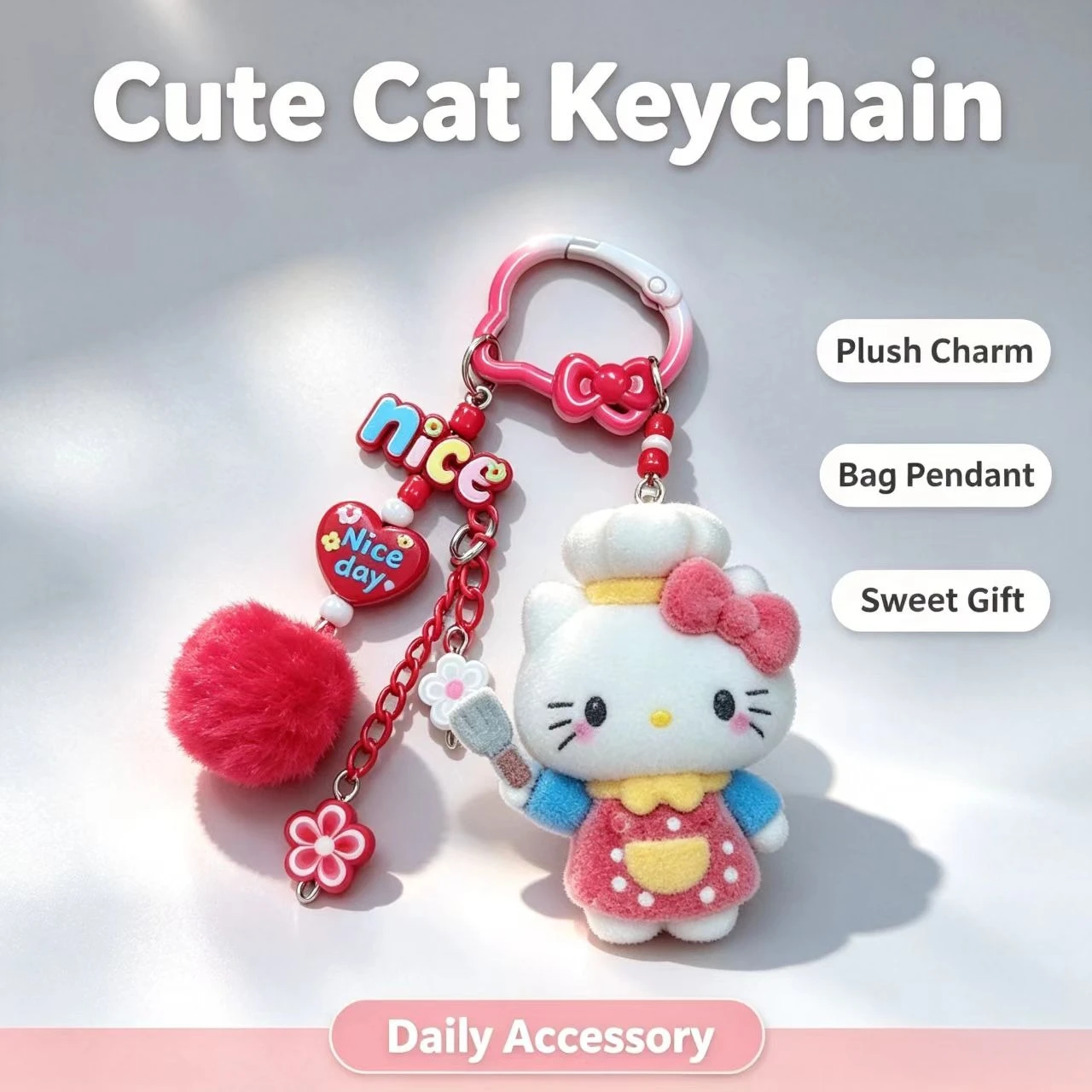 Lindo Llavero de Gato KT, Colgante de Muñeco Flocado para Bolso, Adorno de Flor con Pompón, Decoración de Moda para Llaves de Coche, Regalo