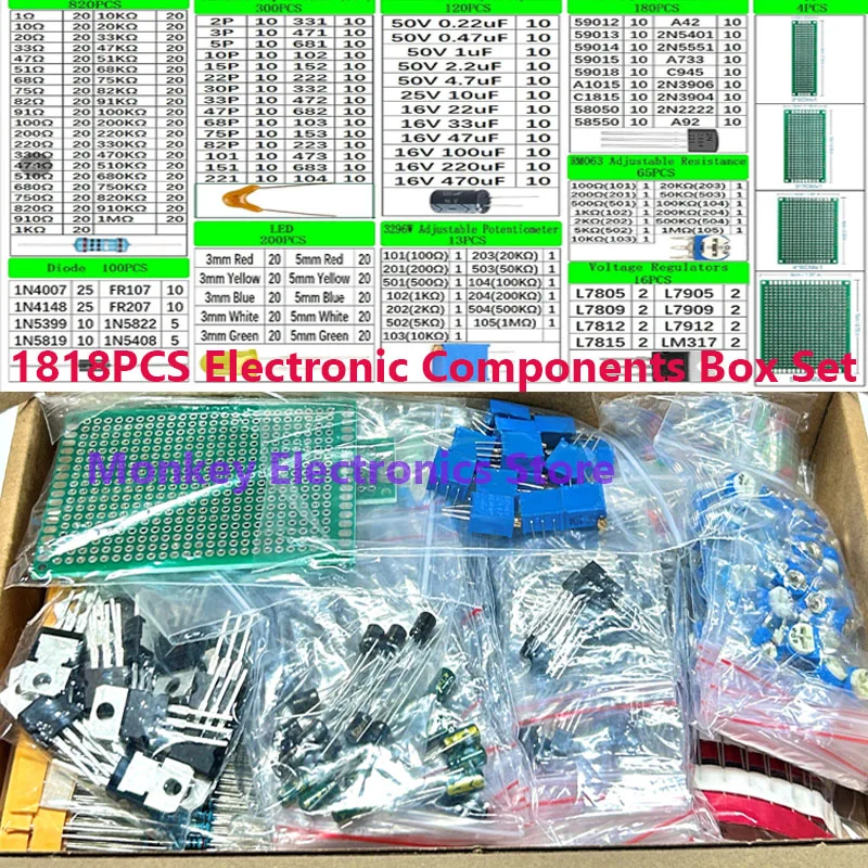 1818 Uds componentes electrónicos kit diy resistor de condensador pcb led 2n2222 RM063 3296W potenciómetros ne555 lm317 diodos monolíticos