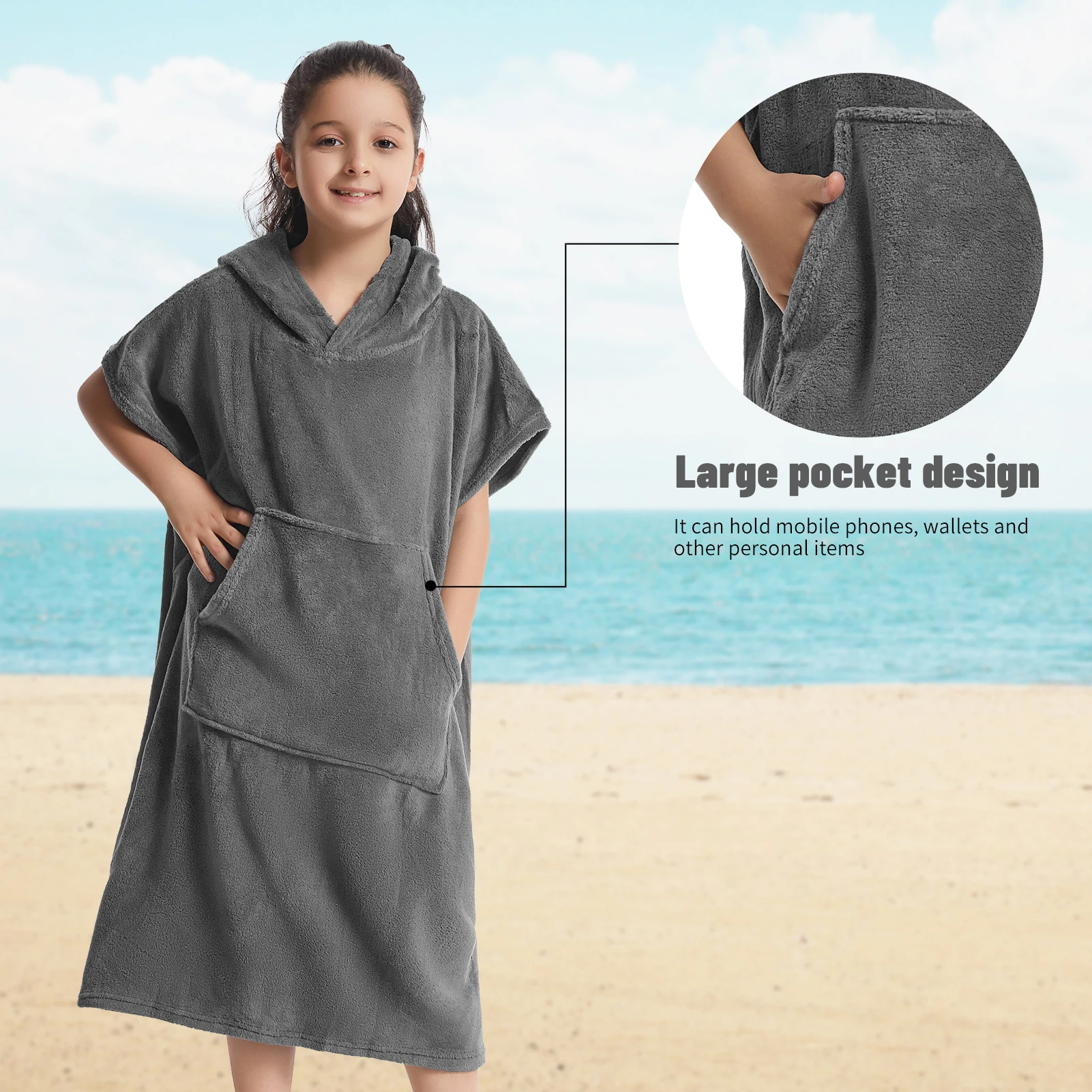 Bata de toalla cambiante para niños de microfibra: toallas de baño de felpa suave, sudadera con capucha de forro polar coral cálido, poncho de natación y surf para 5-12 años