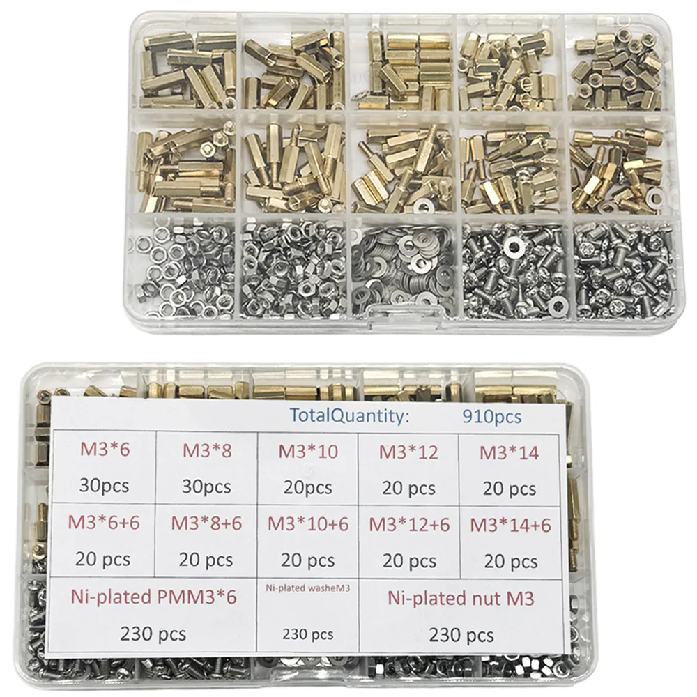 1 Juego de 910 Uds. Kit espaciador de latón 230 Uds PMM3 + 230 Uds NutM3 + WasheM3 tornillos espaciadores de latón de cabeza hexagonal rosca M3 Pilar PCB