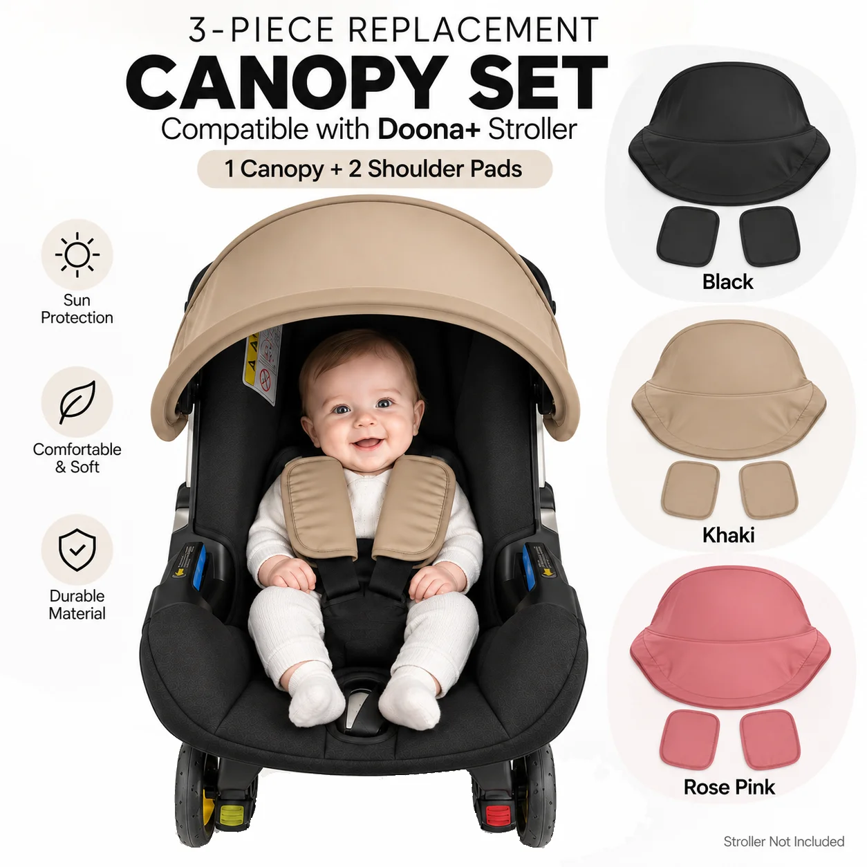 Juego de 3 piezas de repuesto: toldo y protectores para los hombros, compatibles con los asientos de coche y los cochecitos Doona+; diseño de tejido suave y acolchado.