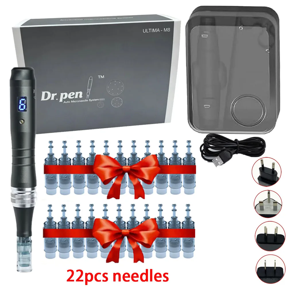 Dr. Pen M8 Derma Pen con 22 cartuchos, Dermapen profesional M8 para microagujas, eliminación de cicatrices de acné y tatuajes, agujas de 0.25 mm de longitud.