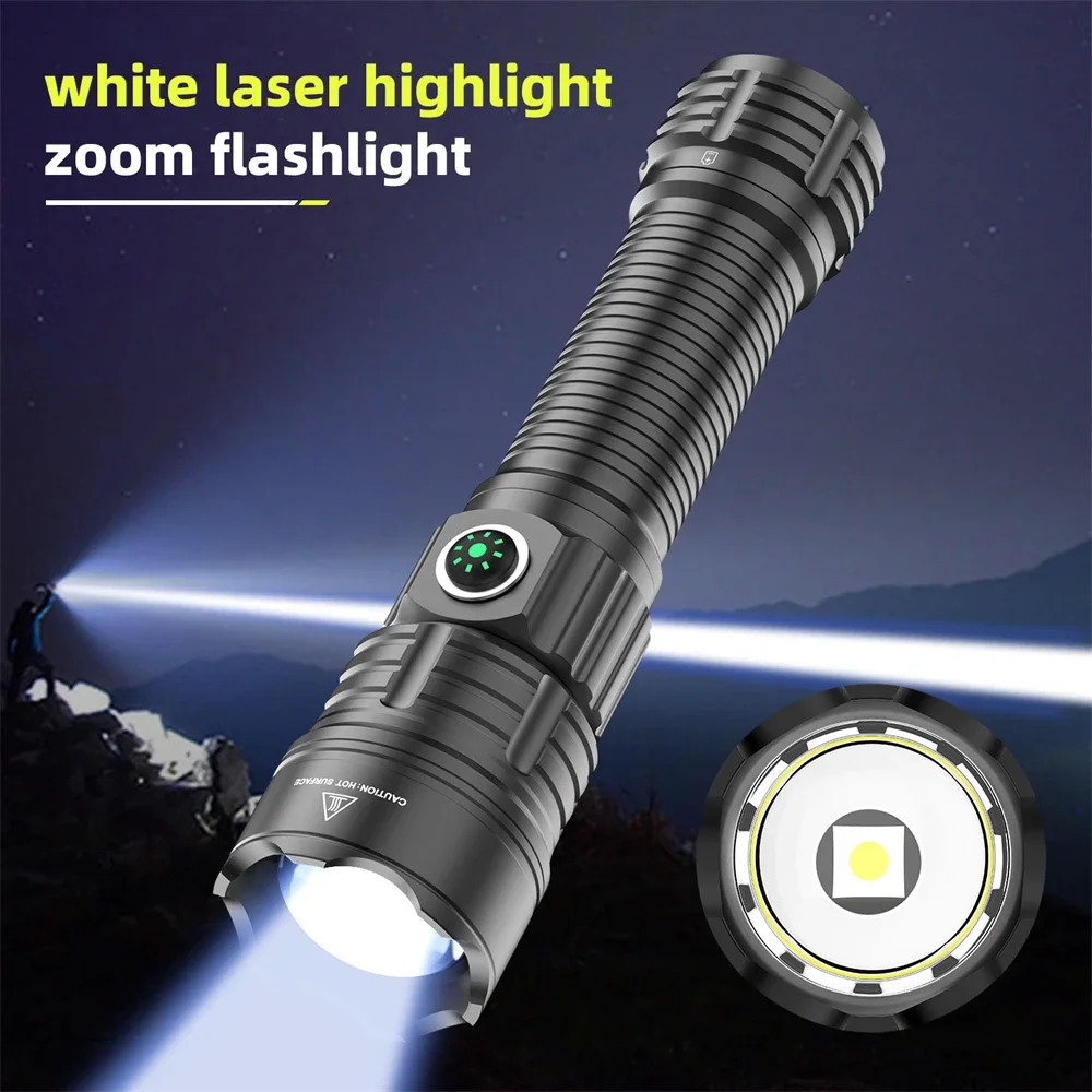 Linterna Táctica Láser Blanco 2000 Lúmenes Zoom USB-C Recargable con Montura Modo Strobe Resistente al Agua para Caza Ciclismo Camping Emergencias