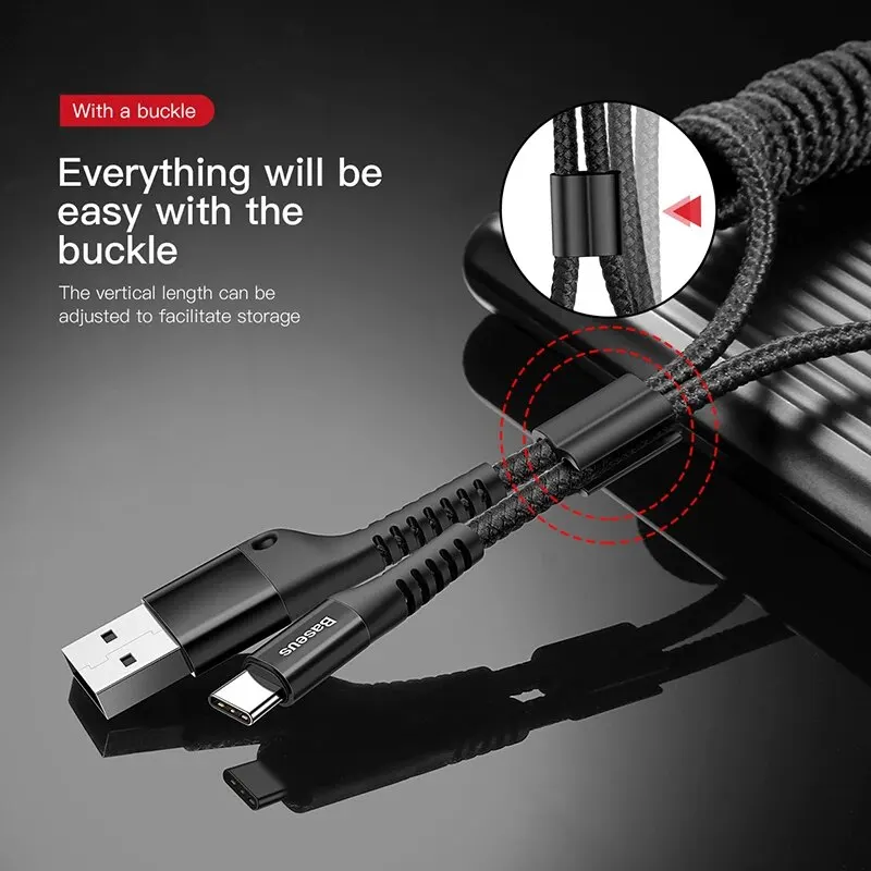 Baseus-Cable telescópico de carga rápida tipo C, cargador de teléfono para coche, Cable USB para Samsung, Xiaomi, Redmi