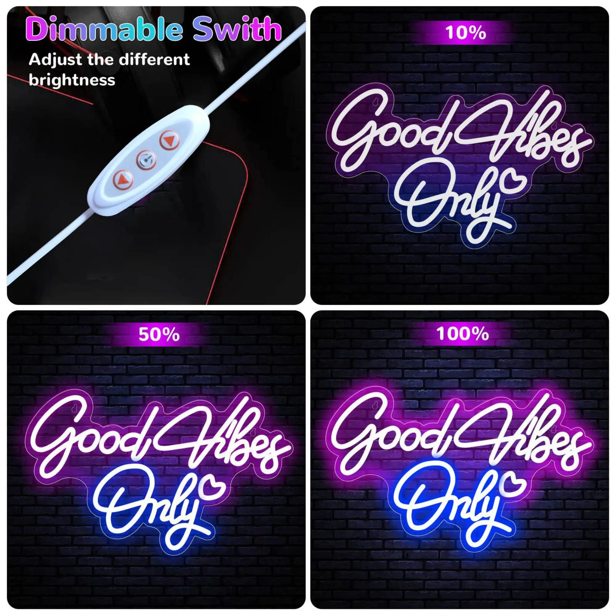 Good Vibes Only Letrero de neón para decoración de pared Luz LED para dormitorio alimentado por USB con interruptor regulable, letrero de luz de neón para dormitorio