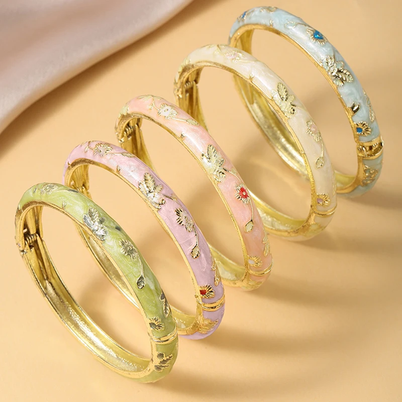 FTCY, 5 uds., brazaletes de esmalte cloisonné con flores pequeñas y finas para mujer, pulsera bohemia Vintage con gotas de aceite, regalos de joyería elegantes