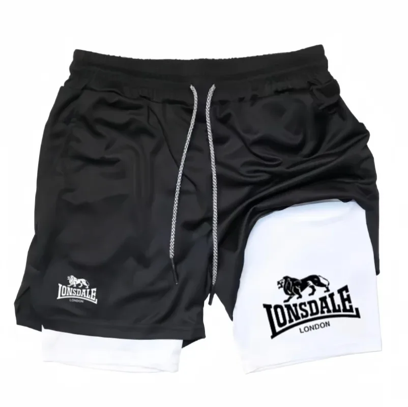 Pantalones cortos estampados 2 en 1 para correr para hombre, pantalones cortos de compresión para entrenamiento en gimnasio con bolsillo para teléfono, toalla, ropa deportiva atlética para verano