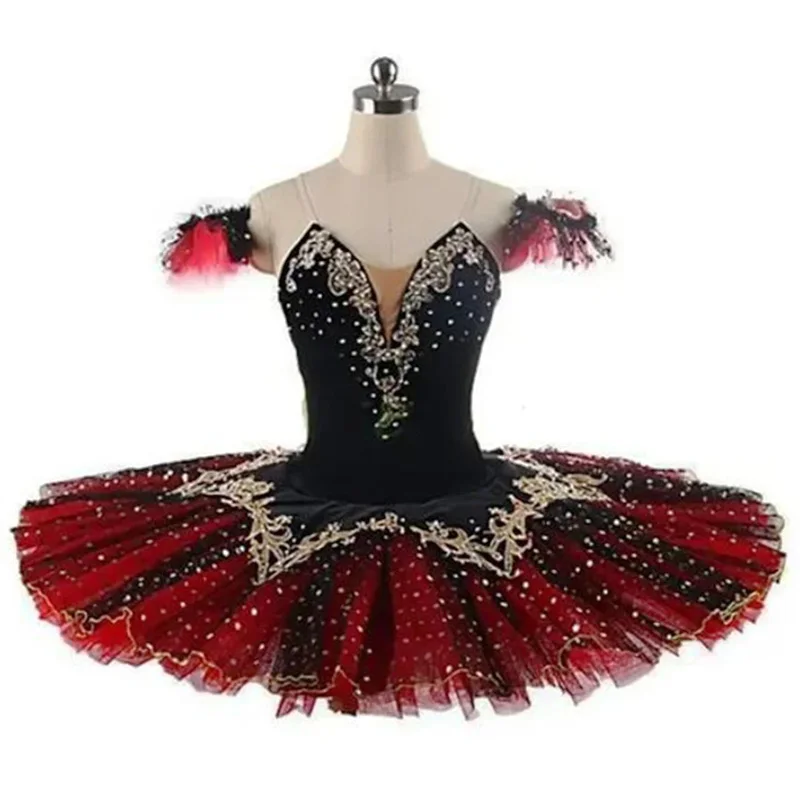 Tutú profesional negro y rojo La Esmeralda, tutú de Ballet para actuación, vestido con tutú de panqueque, disfraz de fiesta de bailarina para niñas y niños