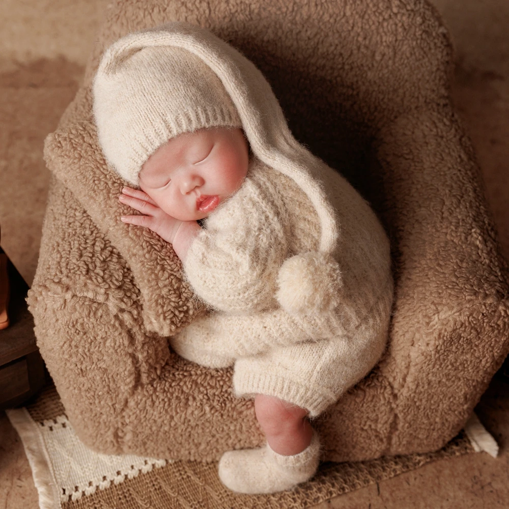 Trajes de punto para sesión de fotos de recién nacido, Top de manga larga, sombrero corto suave para dormir, calcetines, ropa de fotografía infantil blanca, disfraz para recién nacido