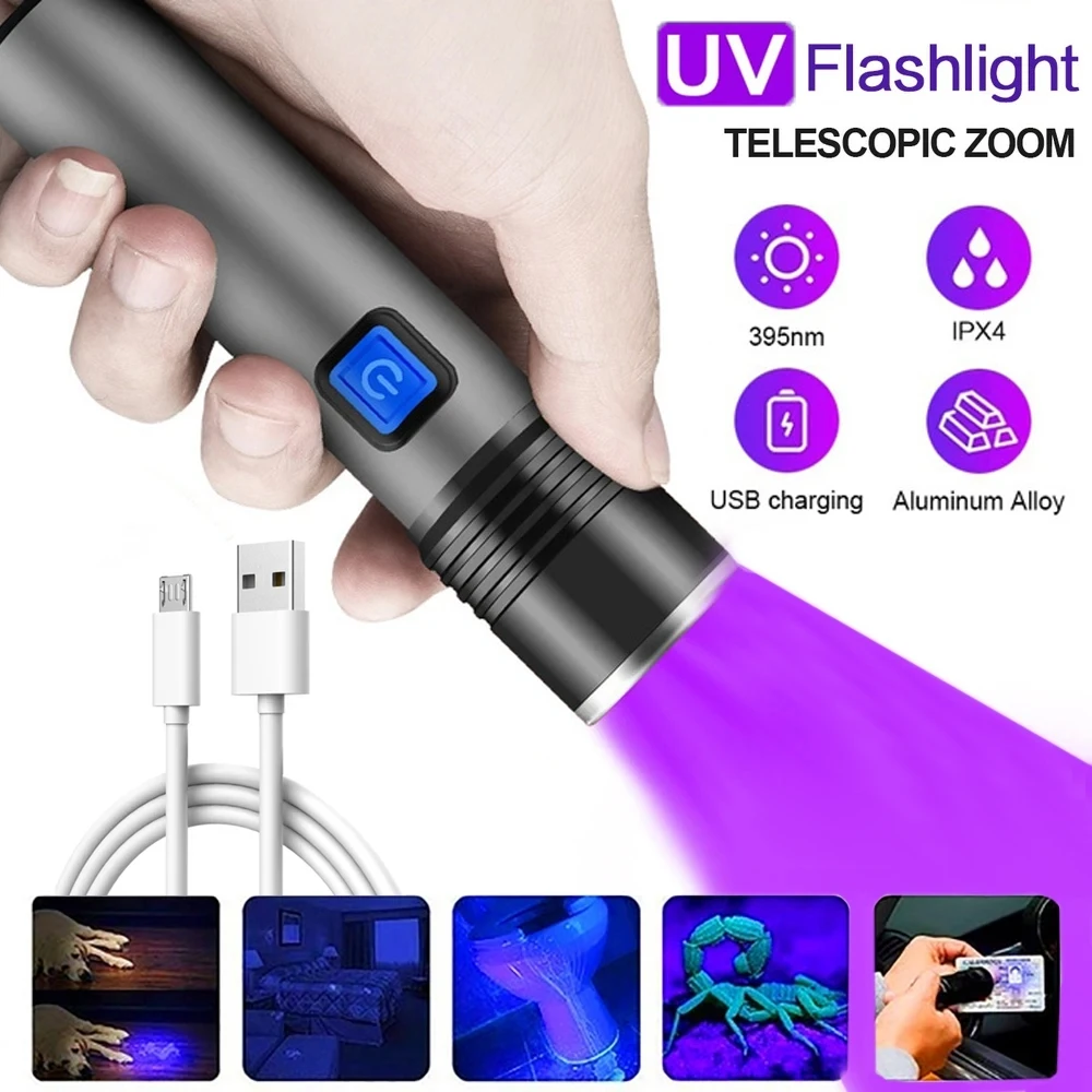 Linterna UV recargable por USB de 365nm, linterna de luz ultravioleta portátil de aluminio, luz negra, Detector de orina para mascotas, linternas negras