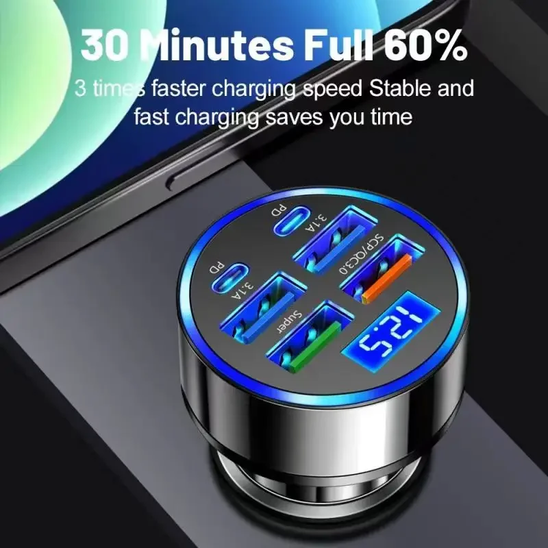 Adaptador de cargador de coche UYUXIO USB C con pantalla de voltaje 6 en 1 súper rápido en el coche para iPhone 16 15 Pro Max Samsung Android Phone