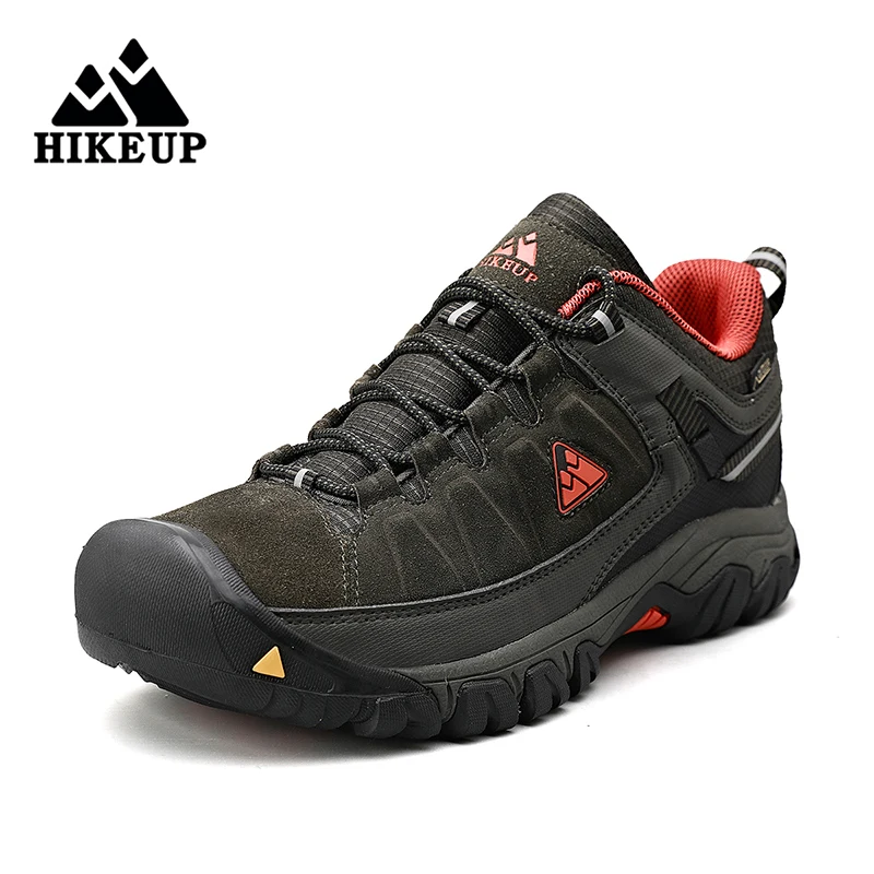 HIKEUP, nuevos zapatos de senderismo para hombre, zapatos de escalada de cuero duraderos de alta calidad, zapatillas para caminar al aire libre, suela de goma, salida de fábrica