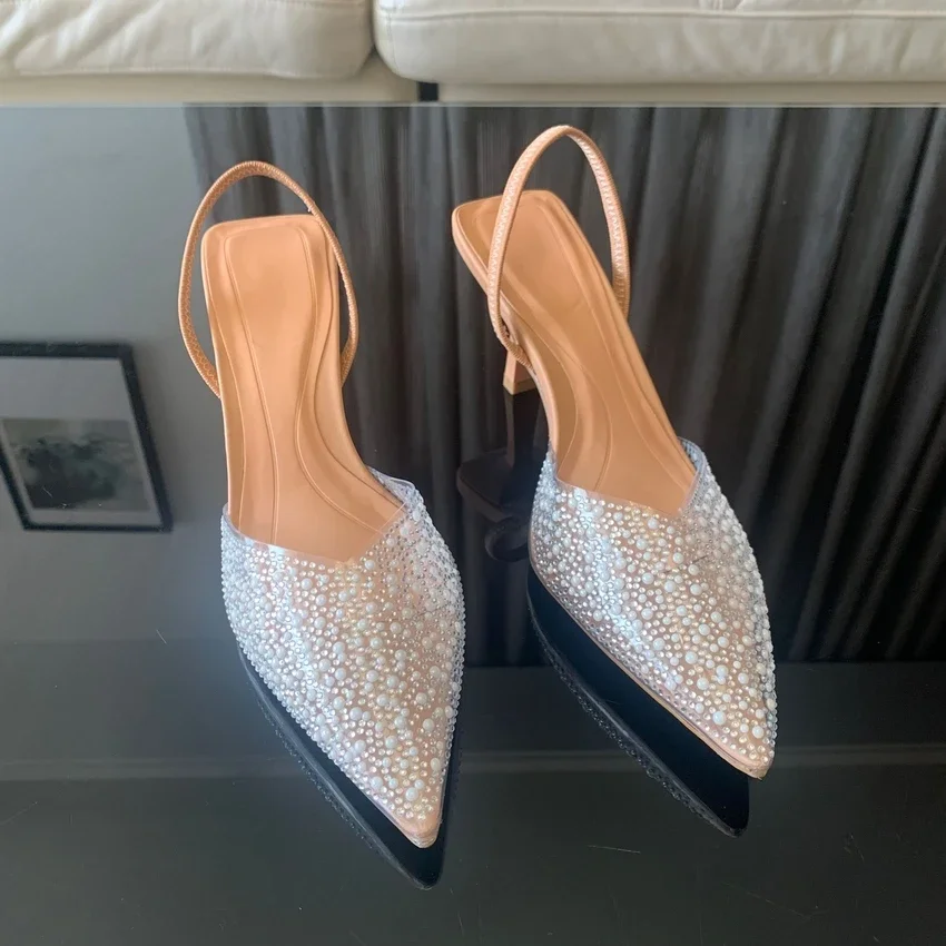 Moda de verano 2024, tacones altos para mujer, decoración de perlas, zapatos de tacón con talón descubierto para mujer, Sandalias de tacón alto con punta estrecha, zapatos elegantes para mujer