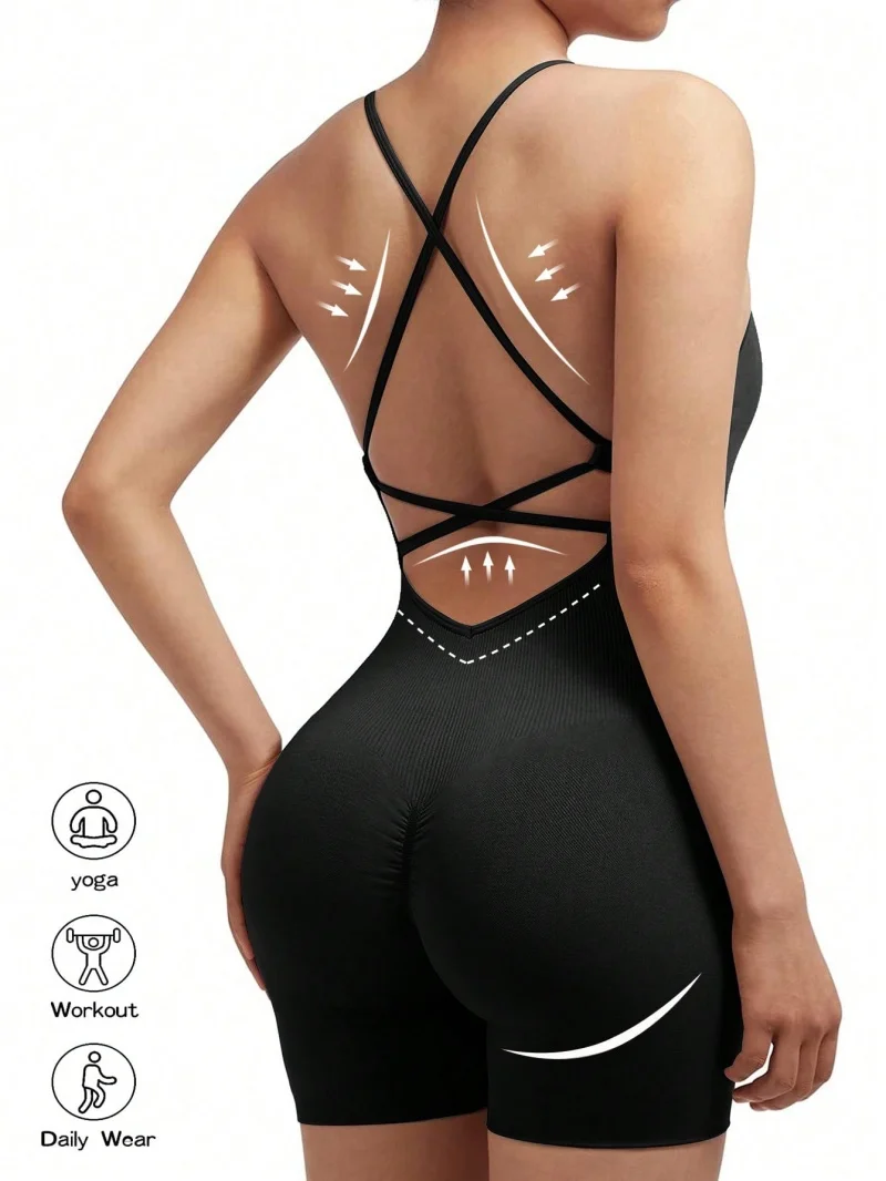 Mono deportivo Sexy para mujer, mono deportivo ajustable cruzado para correr, traje de Yoga de una pieza, pantalones cortos sin espalda, pelele