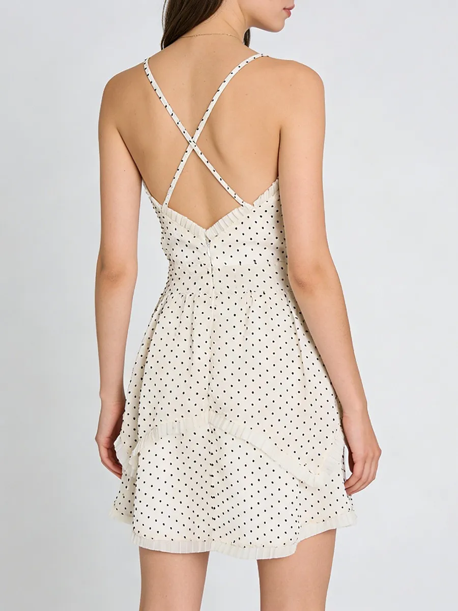 Vestido Mini Elegante y Entallado con Estampado de Puntos Ondulados de TWOTWINSTYLE para Mujer, Cuello en V, Sin Mangas, Espalda Descubierta, Vestidos Fruncidos con Parches para Mujer