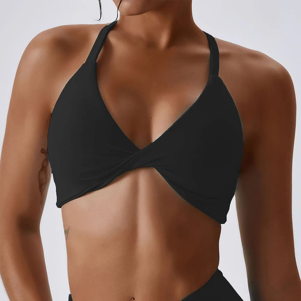 Anfilia-sujetadores deportivos para mujer, Tops lisos con cuello Halter, alta elasticidad, con relleno extraíble, para gimnasio, entrecruzado, con tiras en la espalda, para Yoga y correr