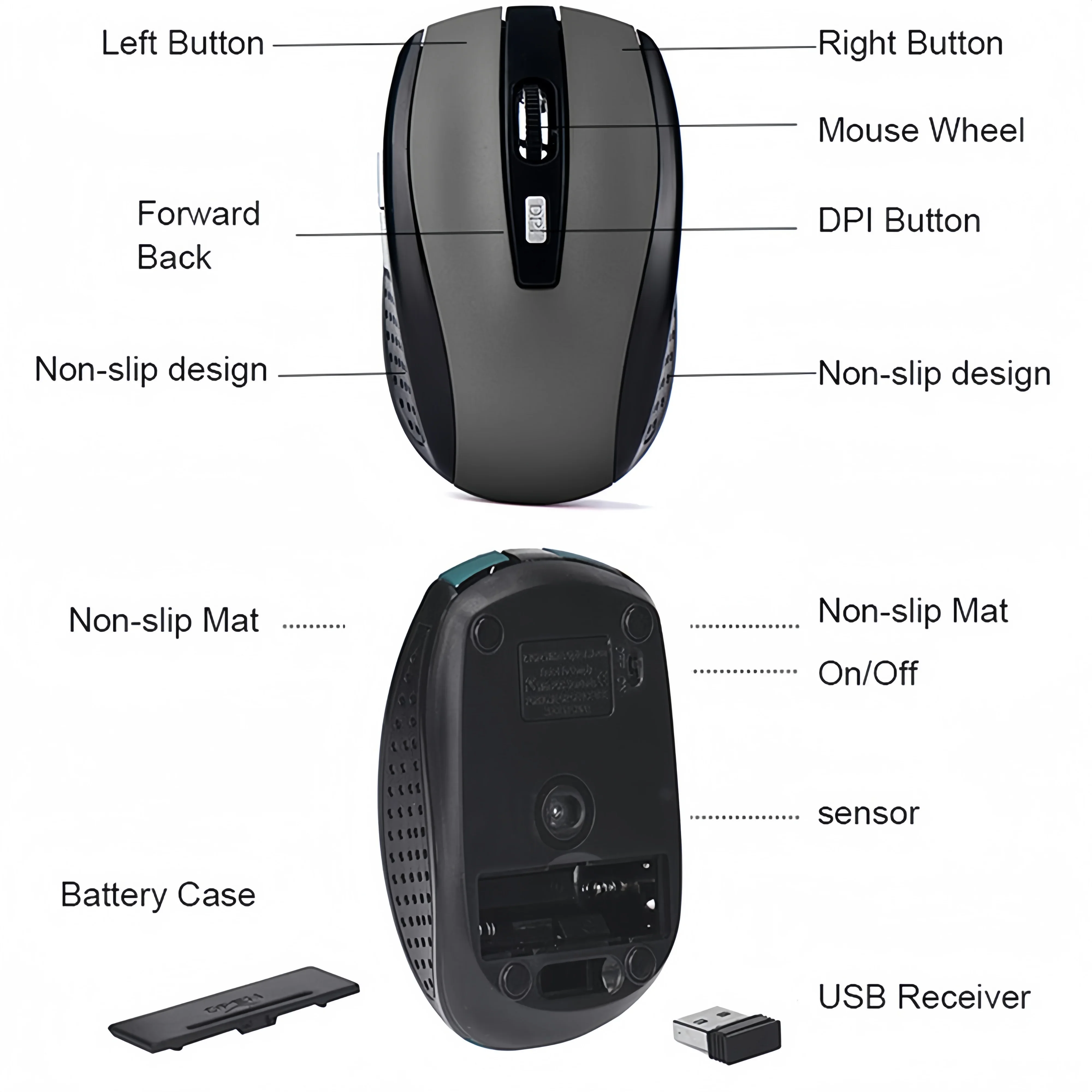 Ratón inalámbrico de 2,4G para juegos, ratón ergonómico con 6 botones, 800-1200-1600 DPI, ratón óptico de oficina para PC, portátil, MacBook