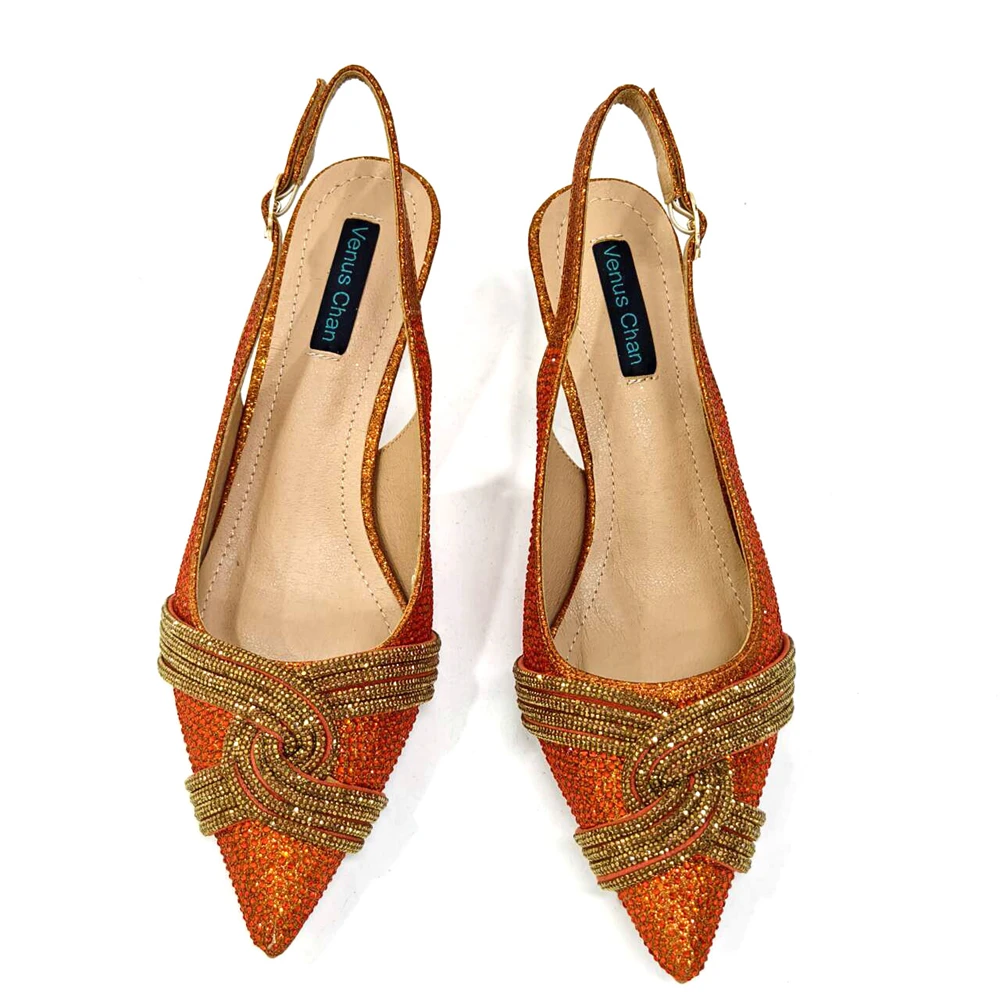 Venus Chan 2024, diseño especial, Color naranja de alta calidad, zapatos y Bolsa africanos para mujer con cristal brillante para fiesta de boda