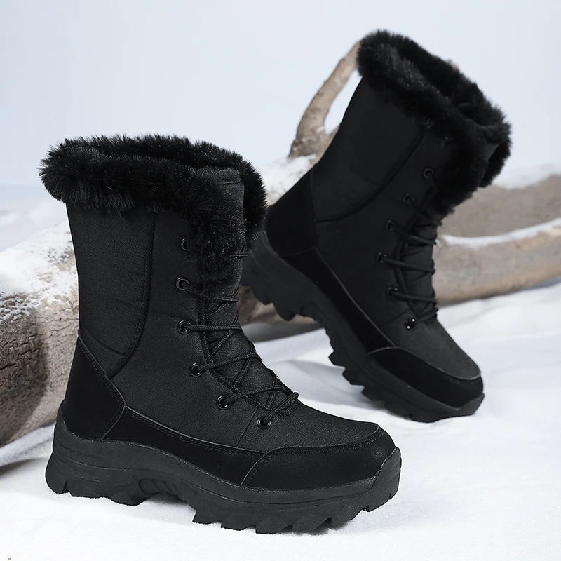Botas de nieve de invierno para mujer, impermeables, antideslizantes, cálidas, estilo noreste, zapatos grandes de algodón, botas de esquí, forradas de lana, gruesas, resistentes al desgaste, botas altas de algodón