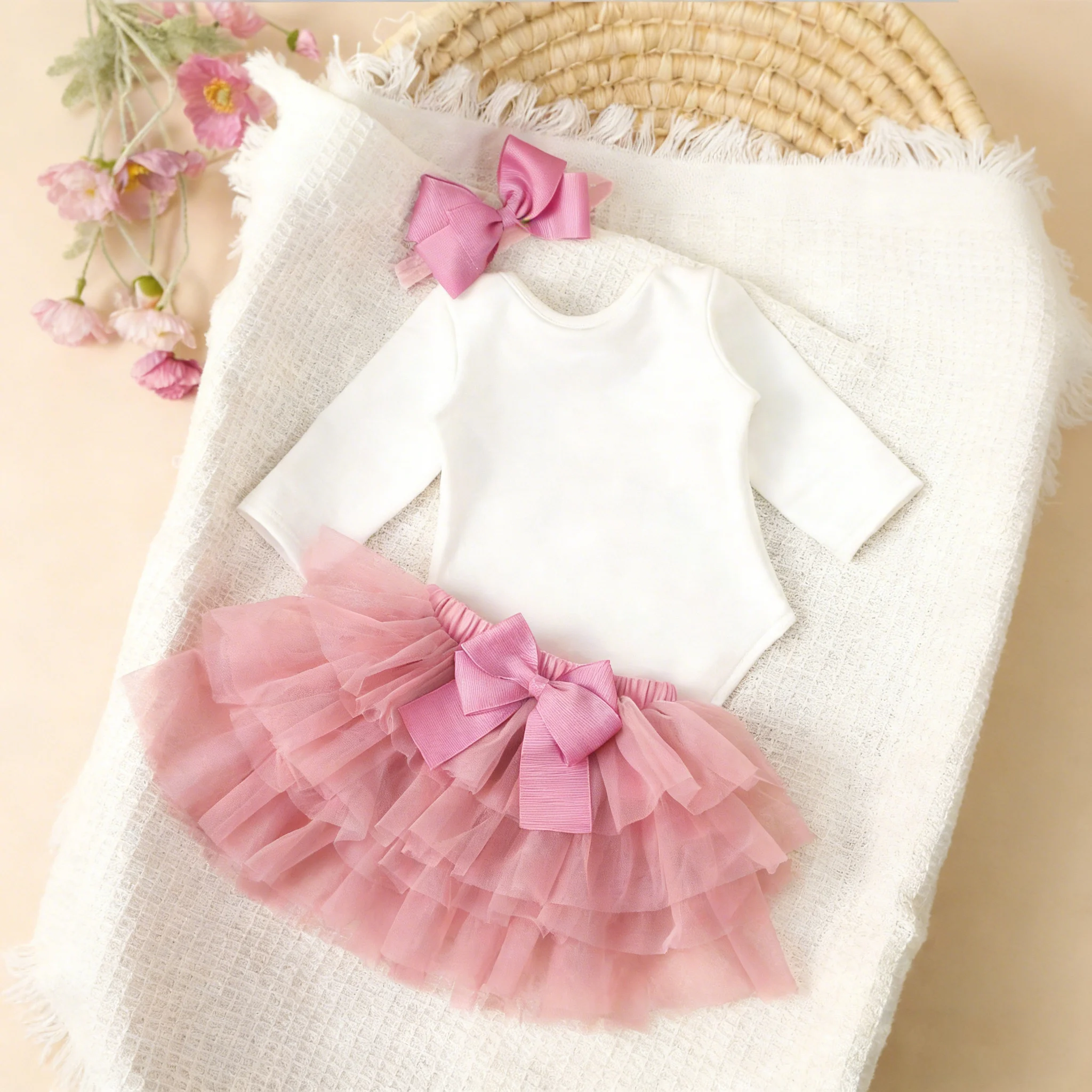 Ylsteed-Conjuntos de ropa para fotografía de recién nacidos, mono con estampado de letras para niñas, falda de tul rosa, diadema, accesorios para fotografía-HD