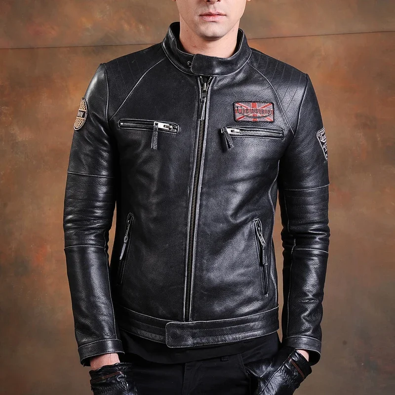 Chaqueta de motorista de cuero genuino para hombre, abrigo de piel de vaca 100% Natural, ajustado, Estilo Vintage, ropa de motorista