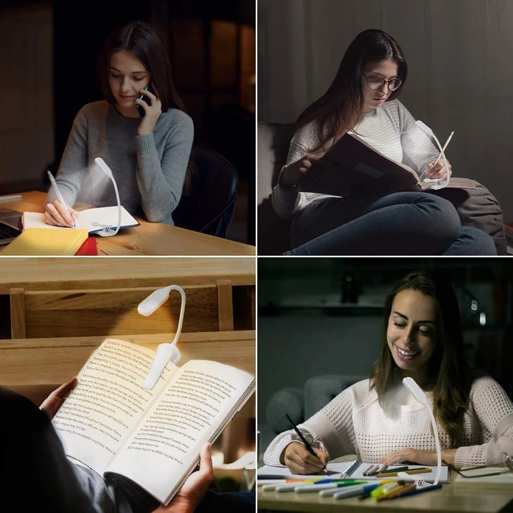 Luz de libro de 7 LED, luz de lectura recargable por USB, luz blanca cálida y fría de 3 niveles, lámpara de lectura nocturna portátil, Flexible y fácil Clip