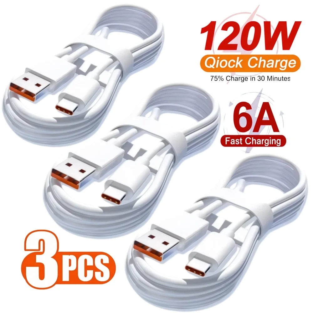 3 unidades, cable de carga súper rápida de 120 W y 6 A, cable de datos USB tipo C de carga rápida, cable de carga rápida, cargador USB C, carga rápida.
