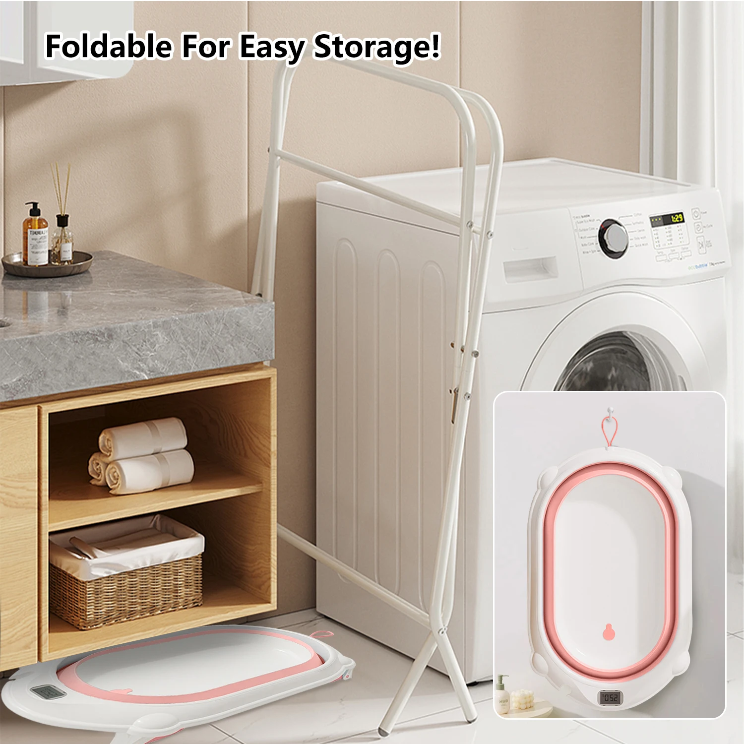 Bañera plegable 3 en 1 para bebés con soporte, multiusos, para recién nacidos hasta niños pequeños, con termómetro, almohada de baño, para viajes/exterior