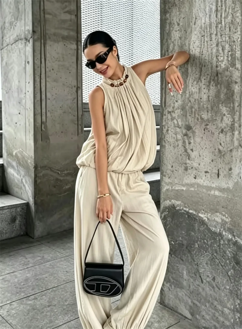 Conjunto de 2 Piezas para Mujer 2026: Top Halter sin Mangas con Cuentas y Pantalones Holgados con Cintura Elástica