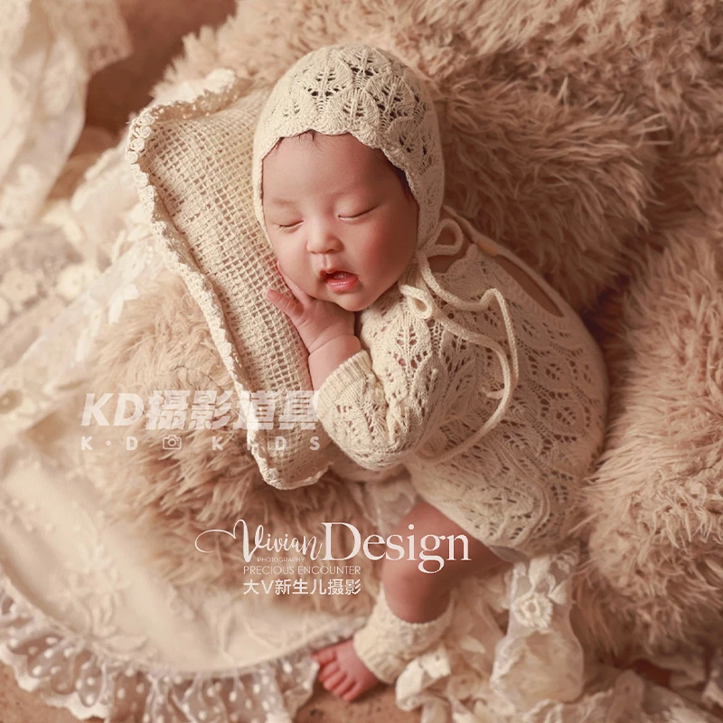 Traje de fotografía para recién nacido de estilo vintage, mono de punto para bebé, mameluco + sombrero + calcetines para sesión de fotos, bautizo, Baby Shower