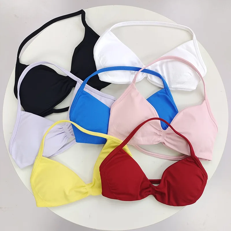 Sujetador de gimnasio halter con correa fina para mujer: sujetador deportivo sexy sin espalda para entrenamiento de yoga y fitness