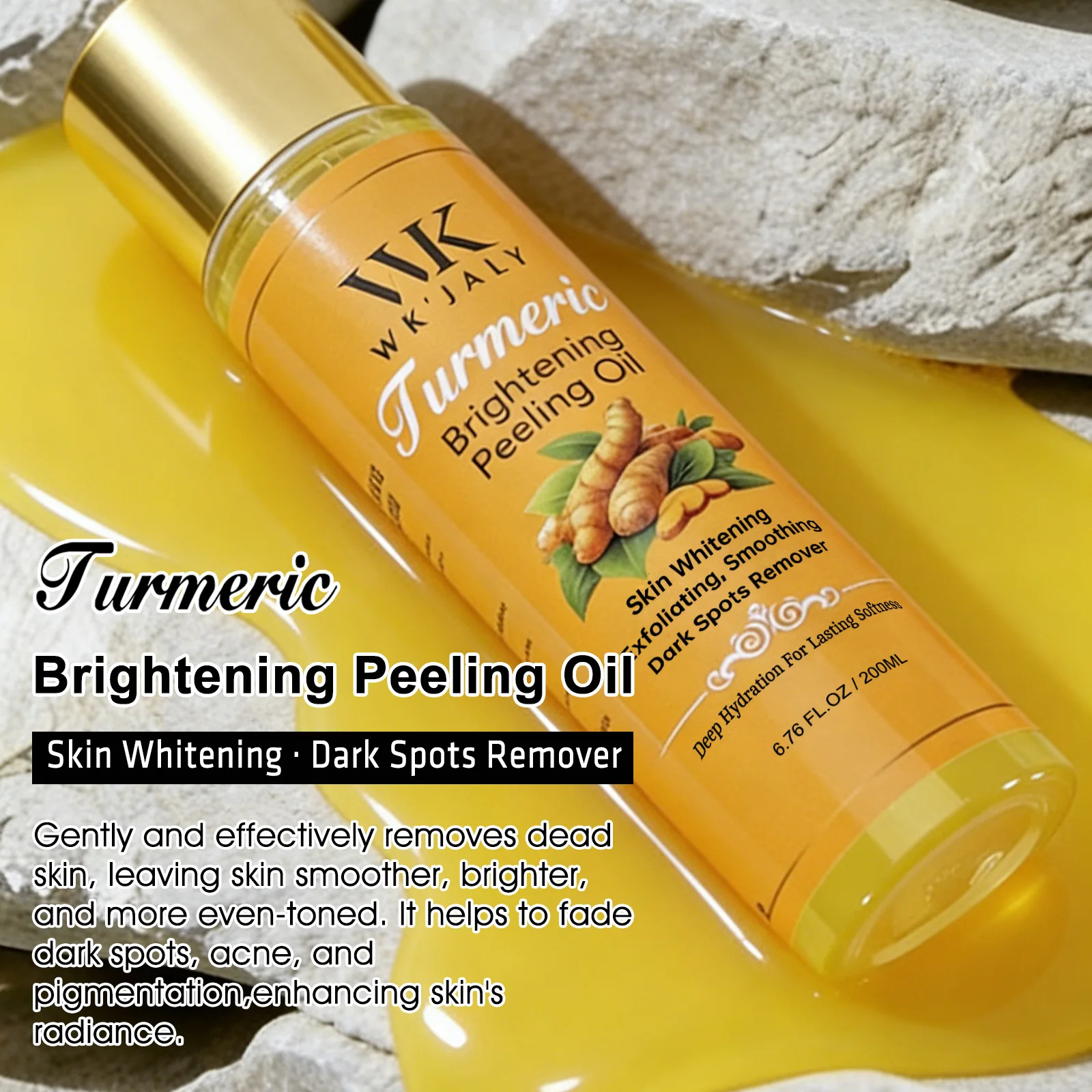 WK JALY Aceite Exfoliante Amarillo Para Todo Tipo de Piel, Con Cúrcuma Natural, Aclarante, Mejora la Piel Áspera, Limpia, Suaviza, 200ml