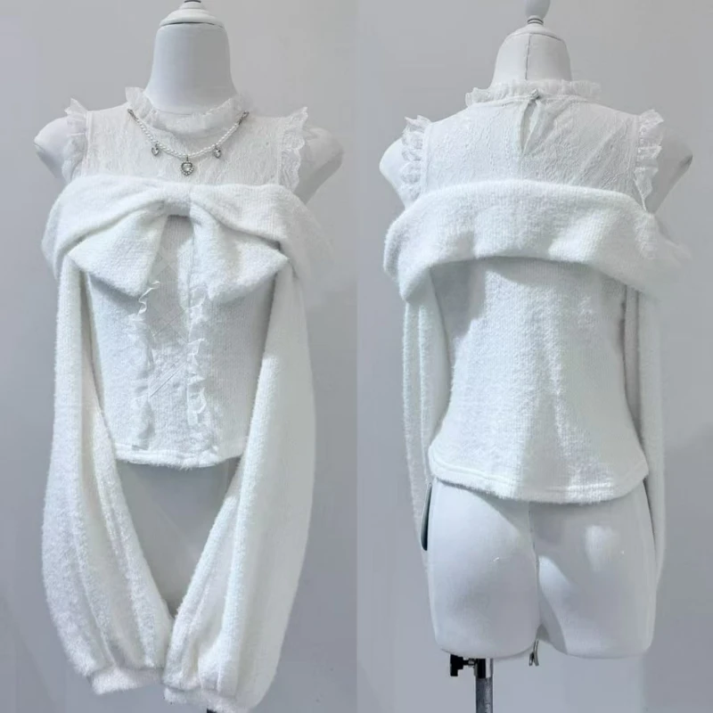 Suéteres de punto estilo Lolita japonesa para mujer, dulces, con encaje, hombros descubiertos, manga larga, estilo Y2K, top holgado para otoño