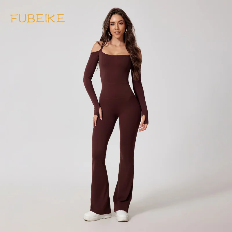 FUBEIKE nuevo mono de Yoga para deportes espalda belleza espalda marrón sin costuras doble correa de hombro medias Sexy mono de una pieza