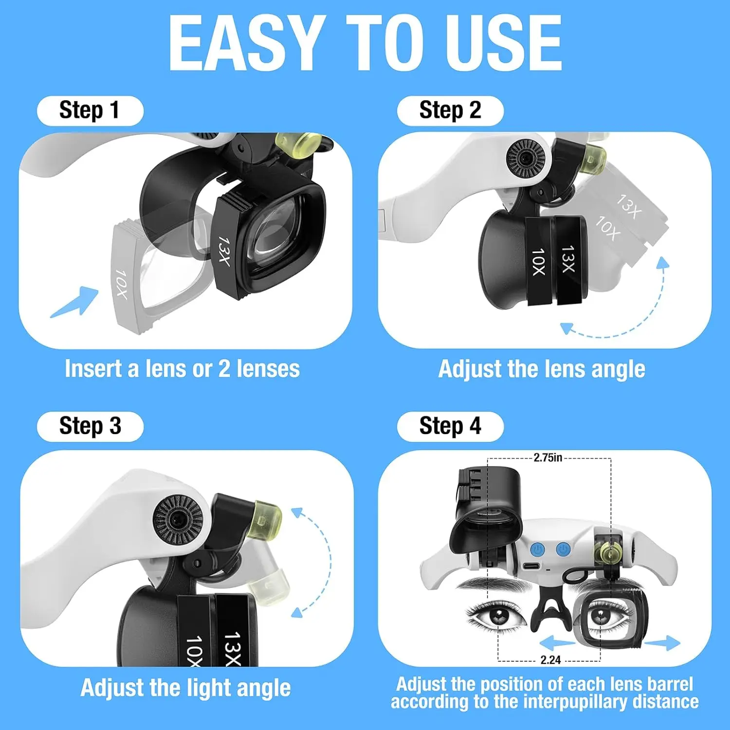 Lupa LED de cabeza con lentes intercambiables (paquete de 2) con bolsa de almacenamiento y lentes de 2X, 4X, 6X, 10X, 13X, ideal para trabajos de precisión, reparación de relojes, soldadura de placas de circuitos, grabado a mano e identificación de joyas.