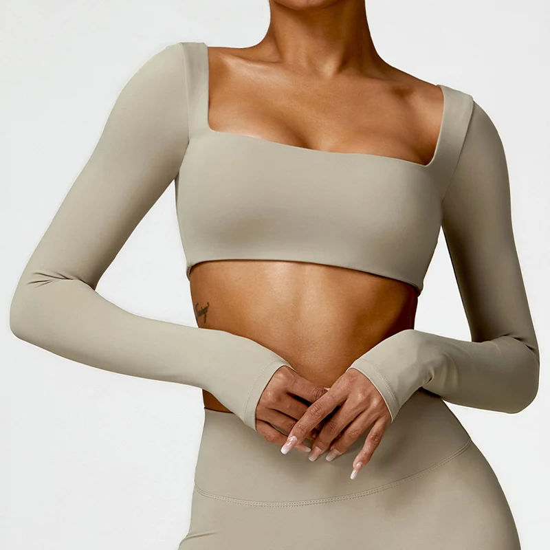 Hearuisavy Ropa Deportiva de Verano de Secado Rápido para Mujer, Top Deportivo con Cuello Cuadrado, Top Corto para Gimnasio, Ropa de Yoga de Manga Larga