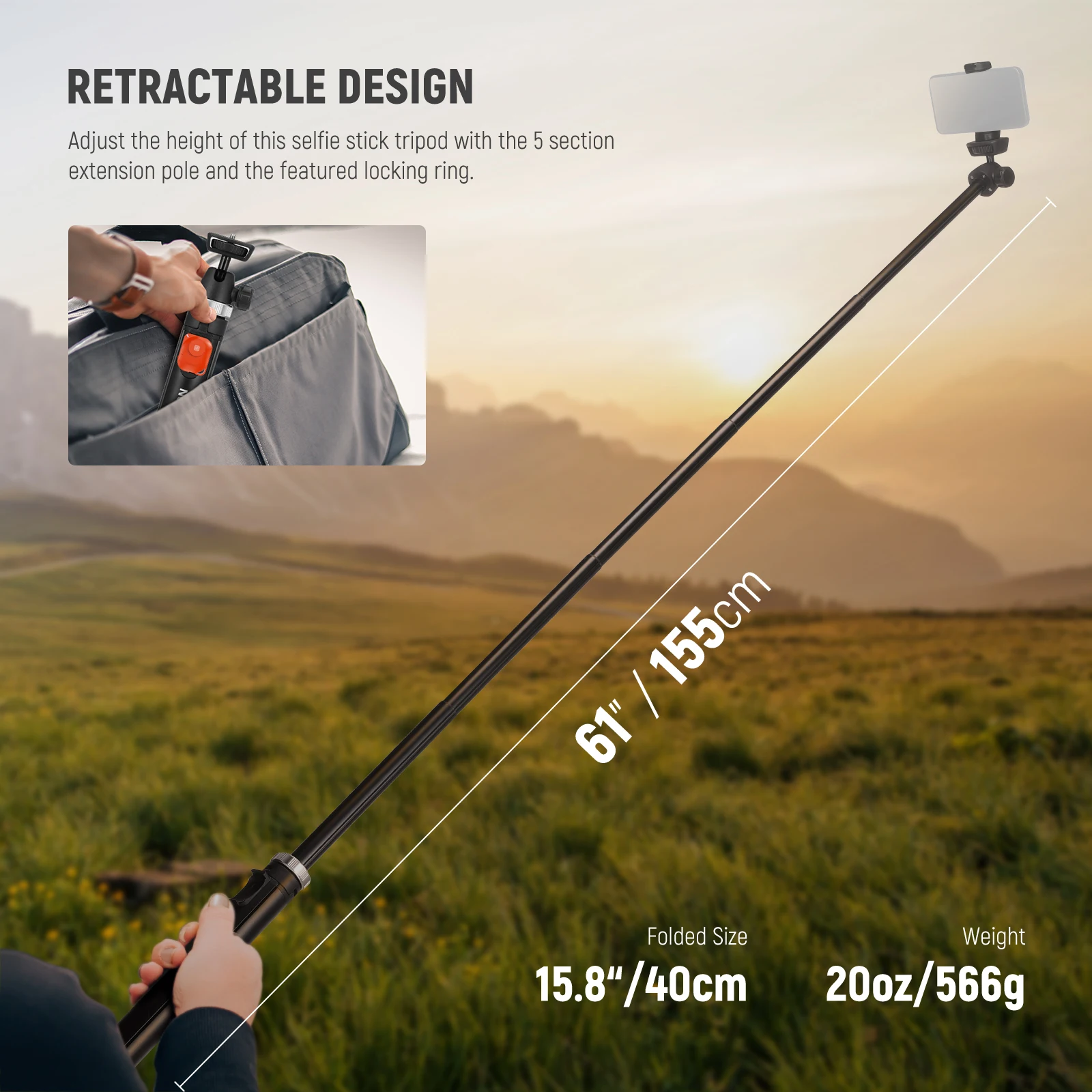 NEEWER Trípode para teléfono y cámara con control remoto 65,2 "Palo Selfie totalmente metálico Soporte Vlog de viaje para iPhone Canon Sony Nikon