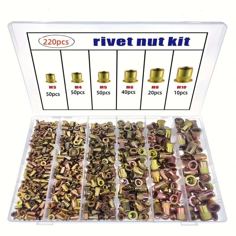 Surtido de tuercas remachables de acero al carbono con revestimiento de color, 220 piezas, tuercas remachables M3-M10, para parachoques de automóviles, placas de matrícula, puertas y ventanas Insta