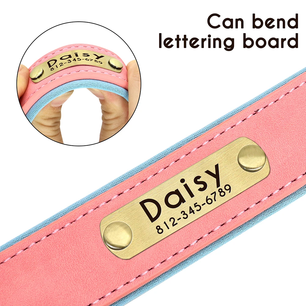 Collar de perro acolchado de cuero PU personalizado, placa de identificación personalizada, Collar para mascotas para perros pequeños y medianos, accesorios de collares duraderos