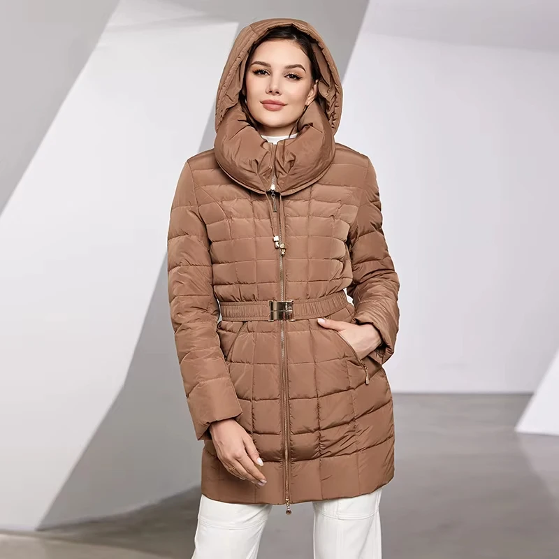Astrid 2023 Nueva Chaqueta de Invierno para Mujer con Capucha y Cinturón, Parka Larga Acolchada Cálida, Abrigo Acolchado a Cuadros, Chaqueta de Plumón Gruesa para Nieve