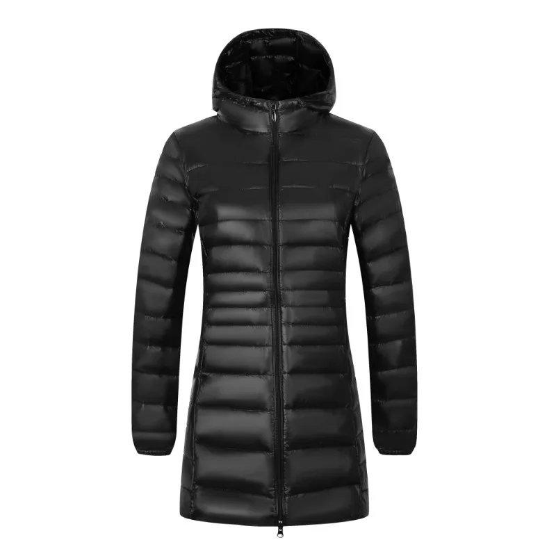 Chaqueta larga de plumón para mujer, abrigo acolchado con capucha, ligero y cálido, con bolsa de almacenamiento para facilitar su transporte, ideal para el invierno, prenda de abrigo informal.